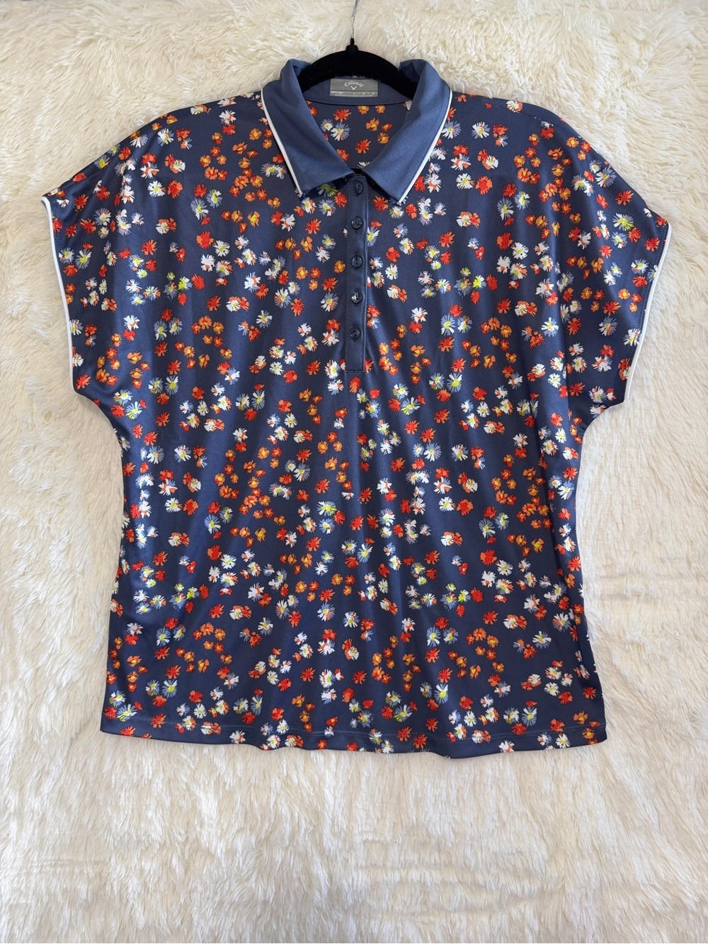 Callaway Womens Opti-Dri Floral Golf Polo Top Size L Blue Short Sleeve Sporty